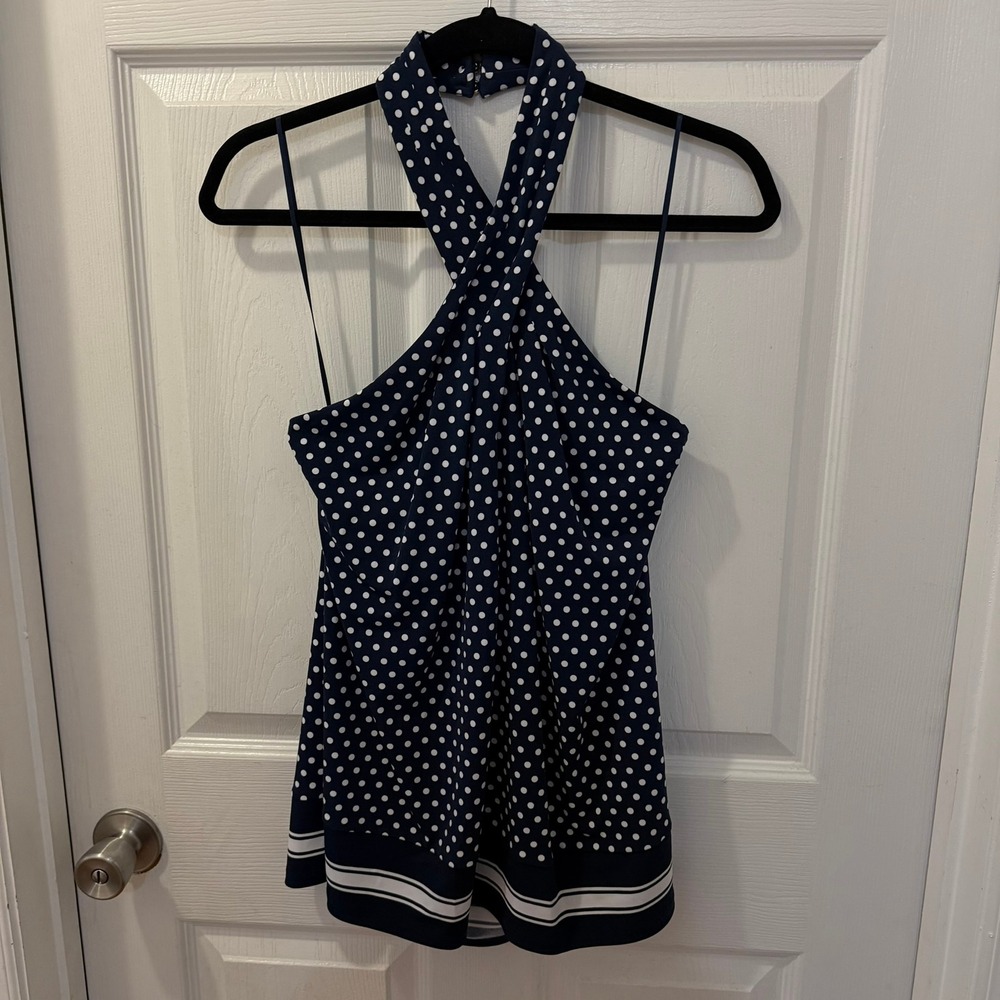 NWT Michael Kors XL Polka Dot Border Twist Halter Tank Top Midnight Blue White